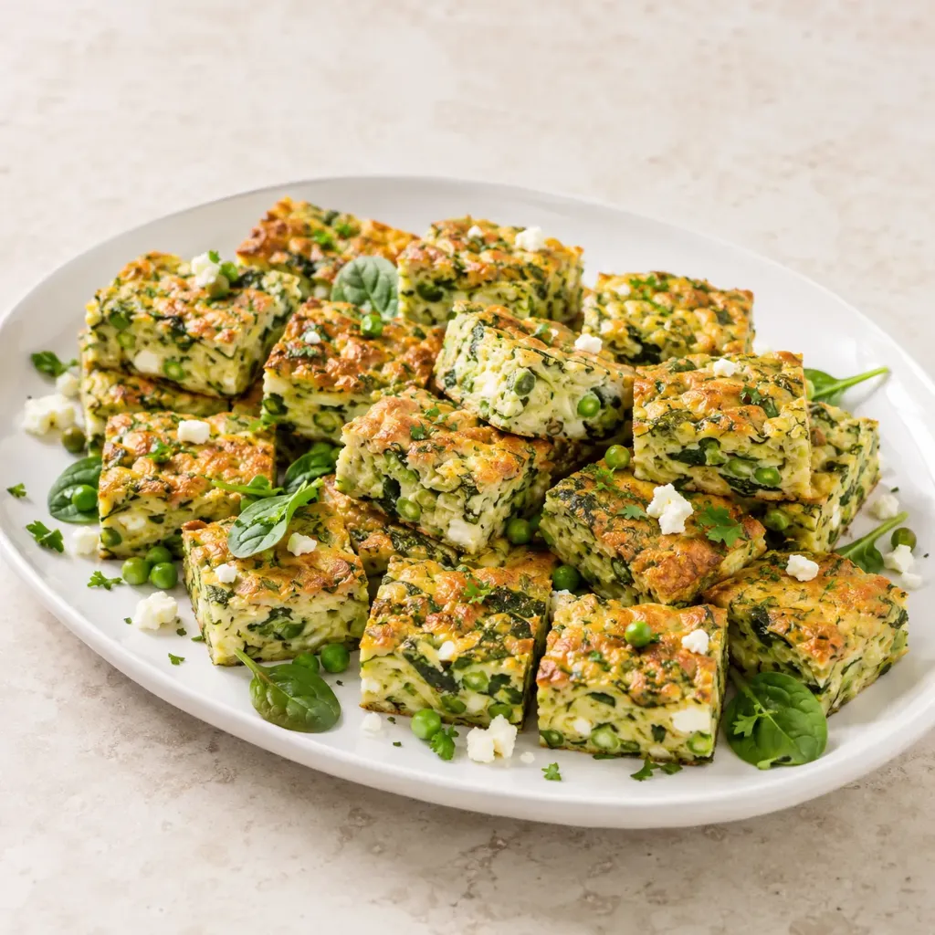 Freshly Baked Zucchini, Baby Spinach, Peas and Feta Slice GF/V